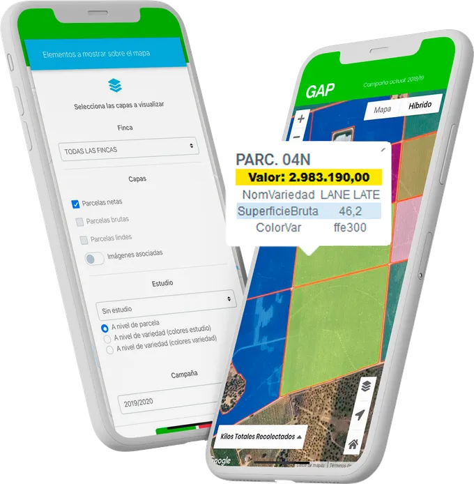 GAP en el móvil: capas a visualizar sobre el mapa por finca, estudio y campaña, y la ficha de la parcela 04N con su valor, variedad Lane Late y superficie